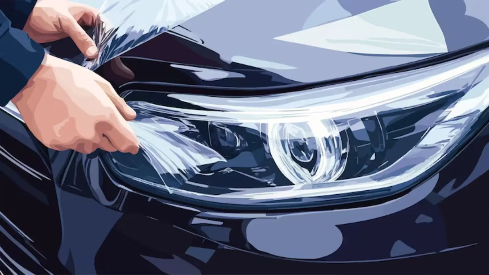 Close-up of a car hood with clear paint protection film being applied by a professional installer