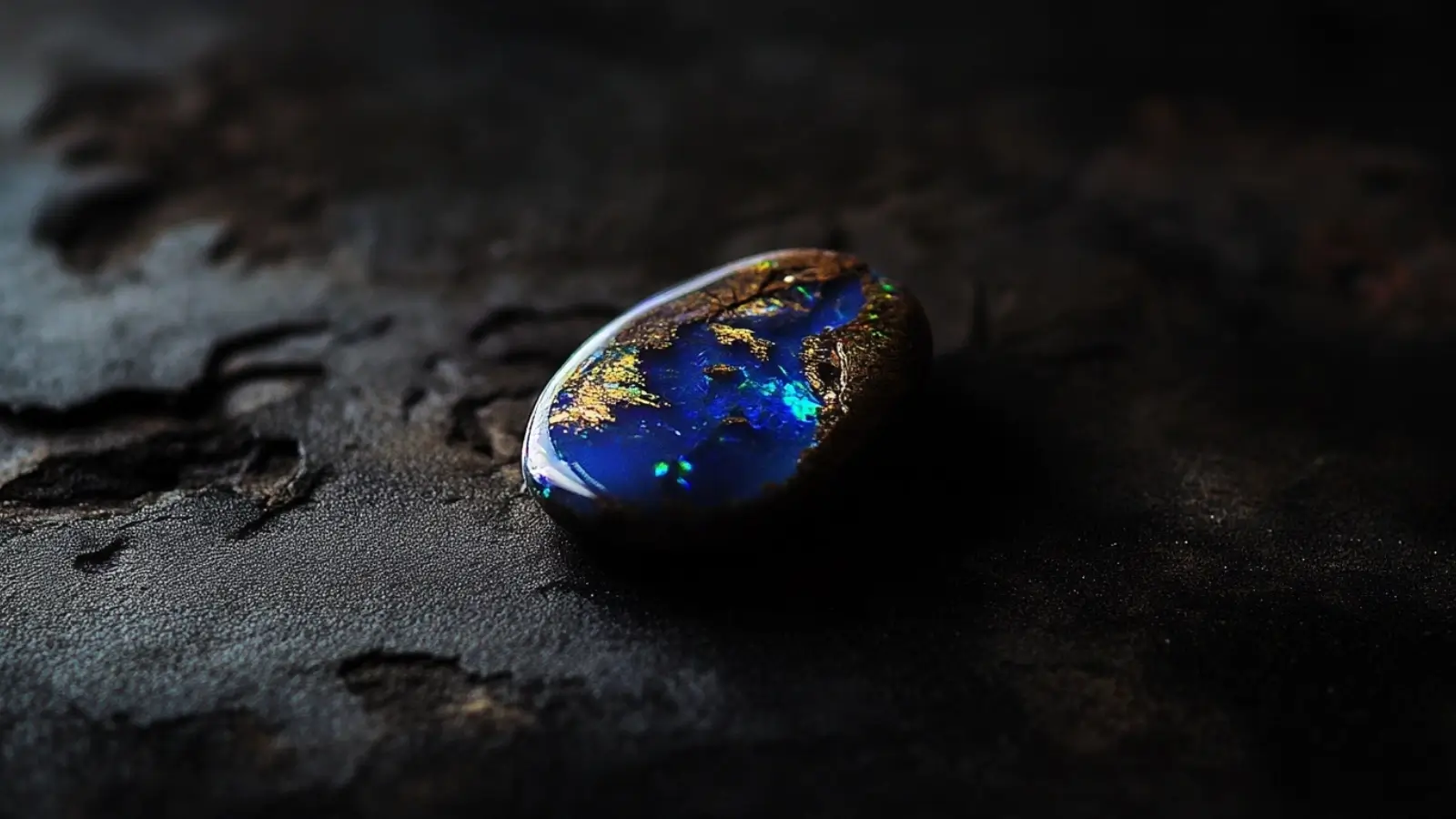 Close-up of a vibrant black opal gemstone displaying play of colour