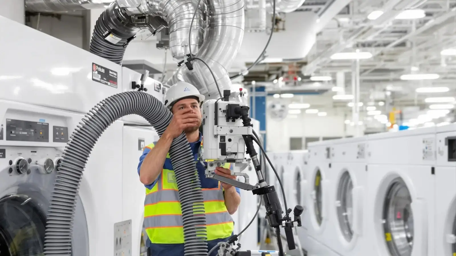 Commercial property maintenance team inspecting dryer vent system in a utility room
