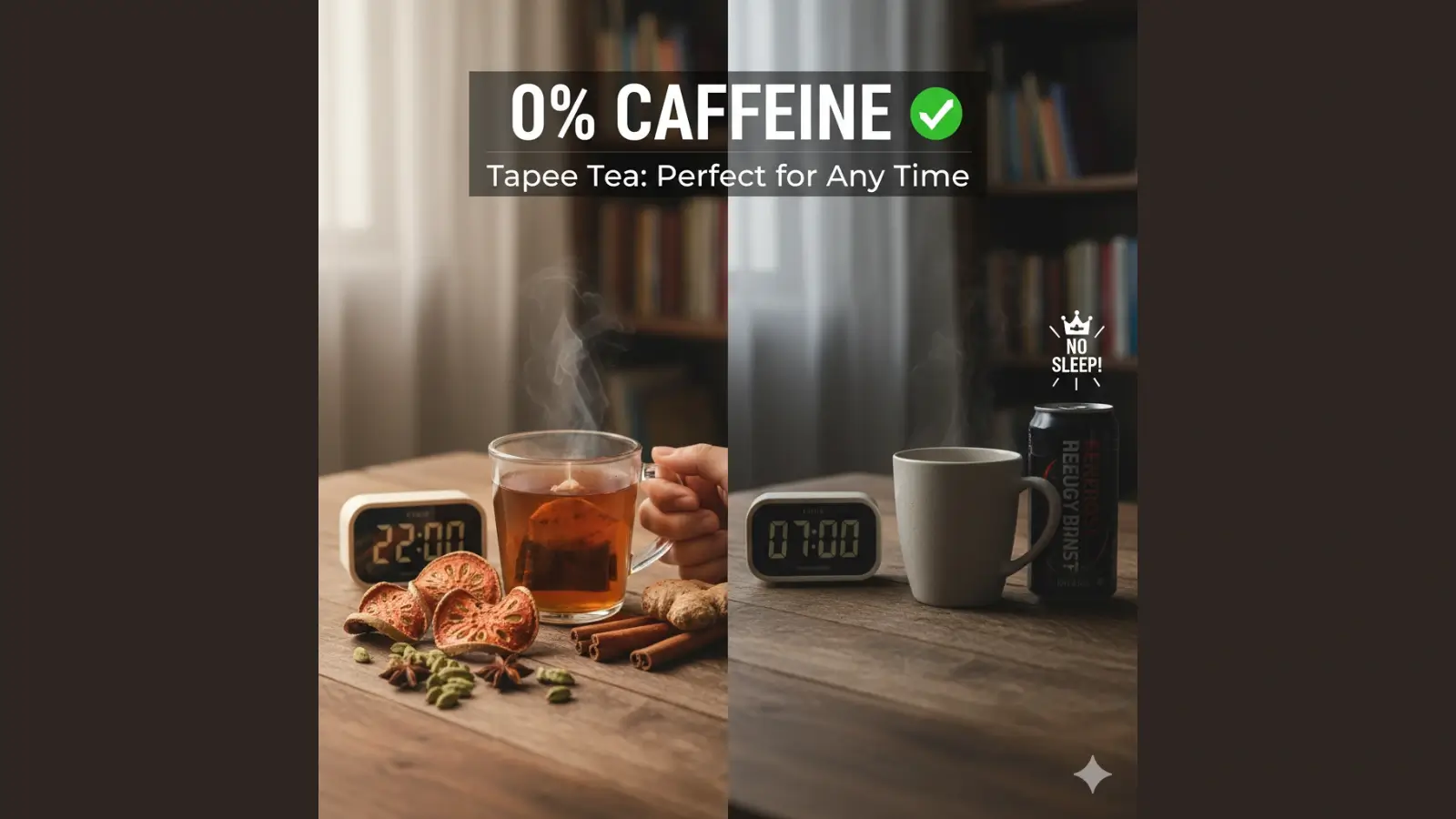 Cup of steaming Tapee Tea with herbal ingredients like cinnamon, star anise, and cardamom