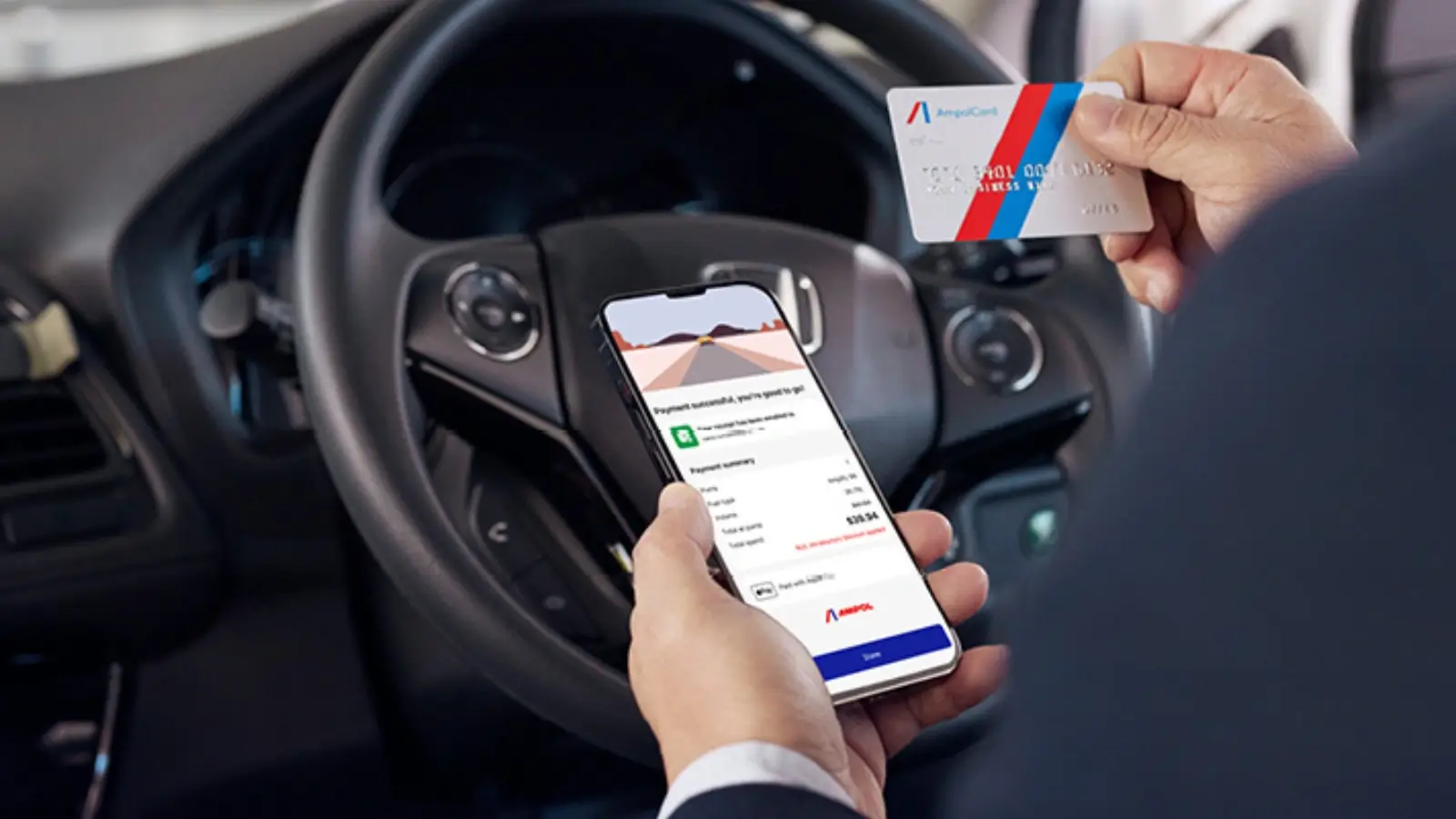 Driver using Ampol discount card at a fuel pump in Australia