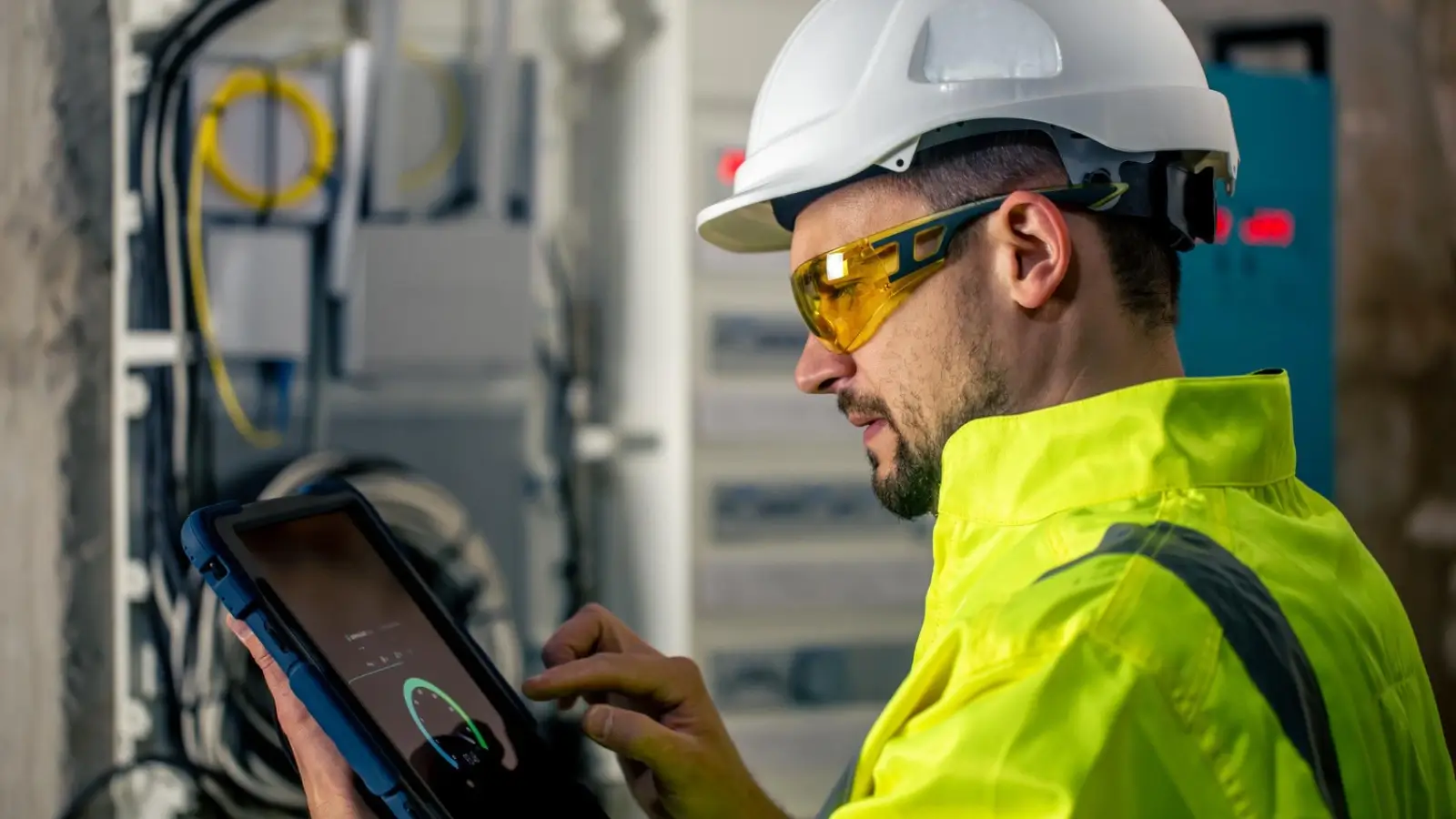 Light Up Your Business: How FSM Software Supercharges Electrician Productivity Electrician using field service management software on a tablet at a job site
