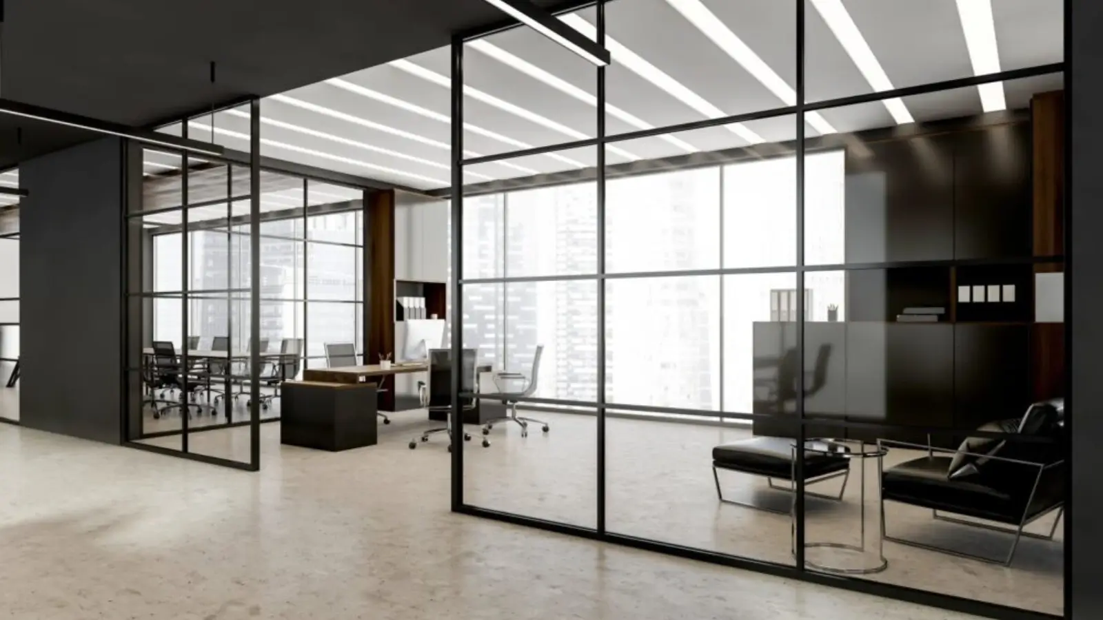 Modern office space with sleek partition walls and ergonomic workstation desks