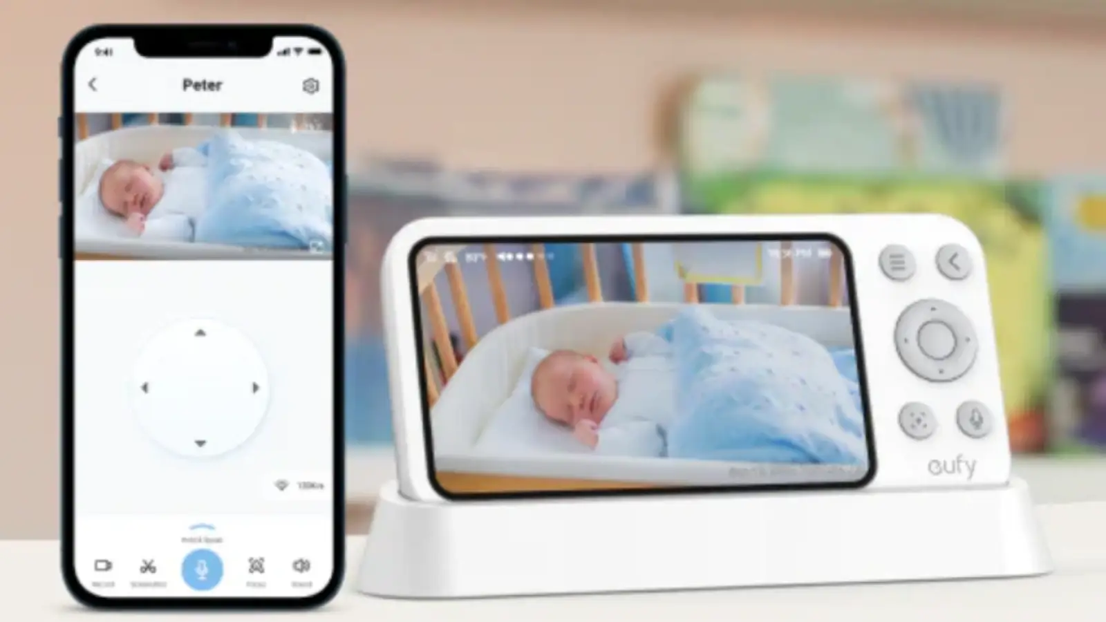 Parent watching a sleeping baby through the eufy Baby Monitor E20 display in a cozy nursery