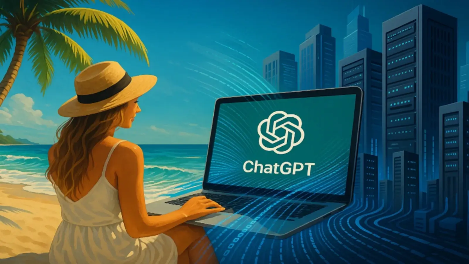 Living in Bali, ChatGPT Applications Got Me $400K Silicon Valley Remote Job Remote software engineer working on laptop by a Bali beach with surfboard nearby