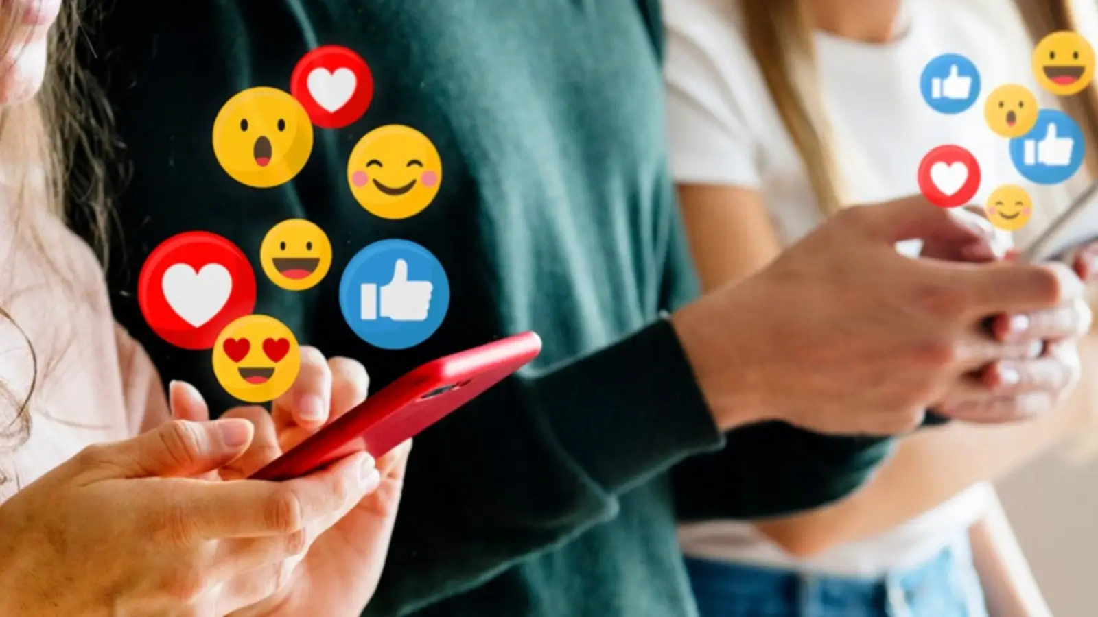 Social media influencer analyzing content performance on a smartphone with engagement icons floating around