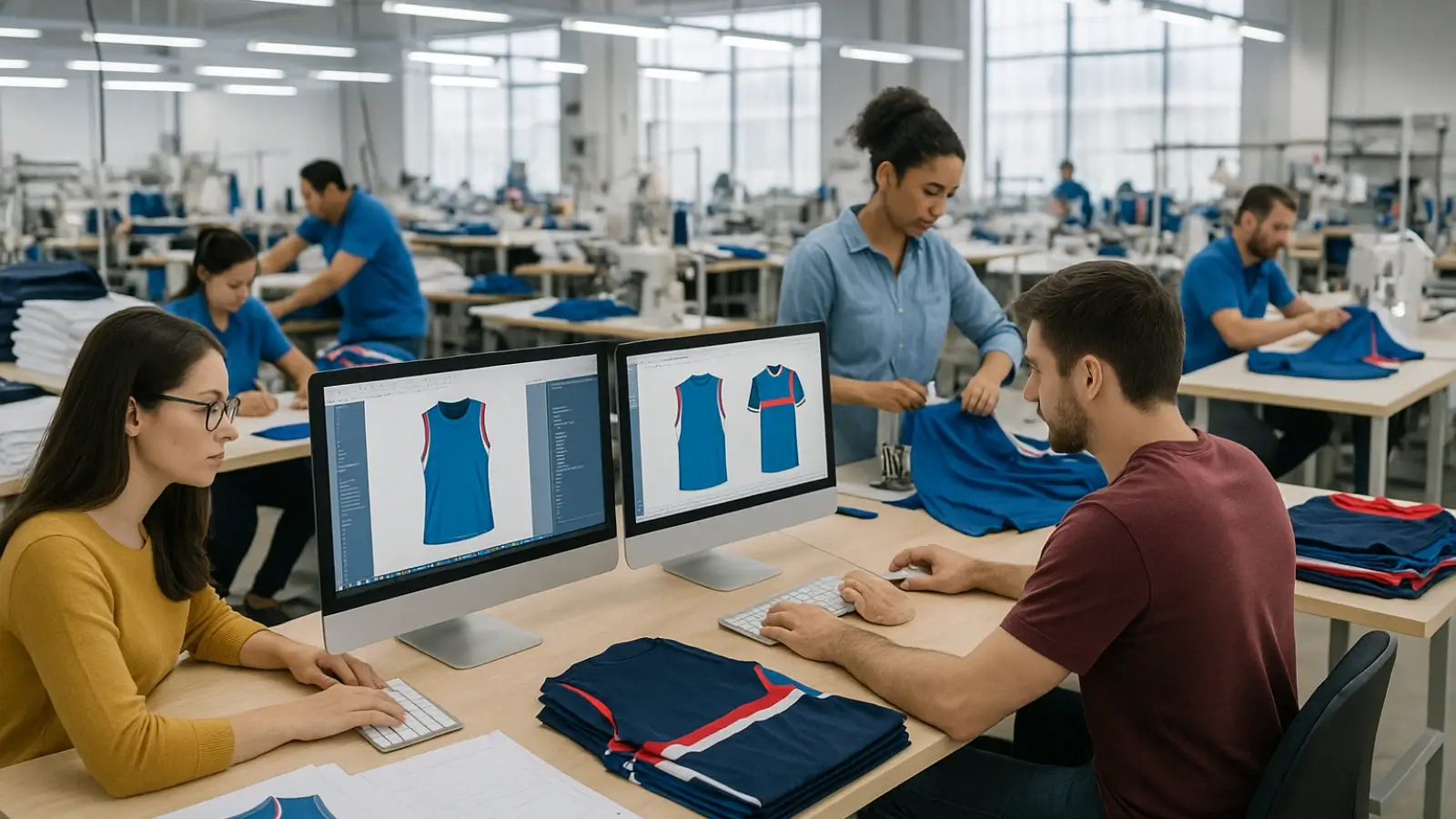 How OEM Sports Clothing & Small-Batch Customization Help Brands Start-up team reviewing custom sportswear samples in a production studio