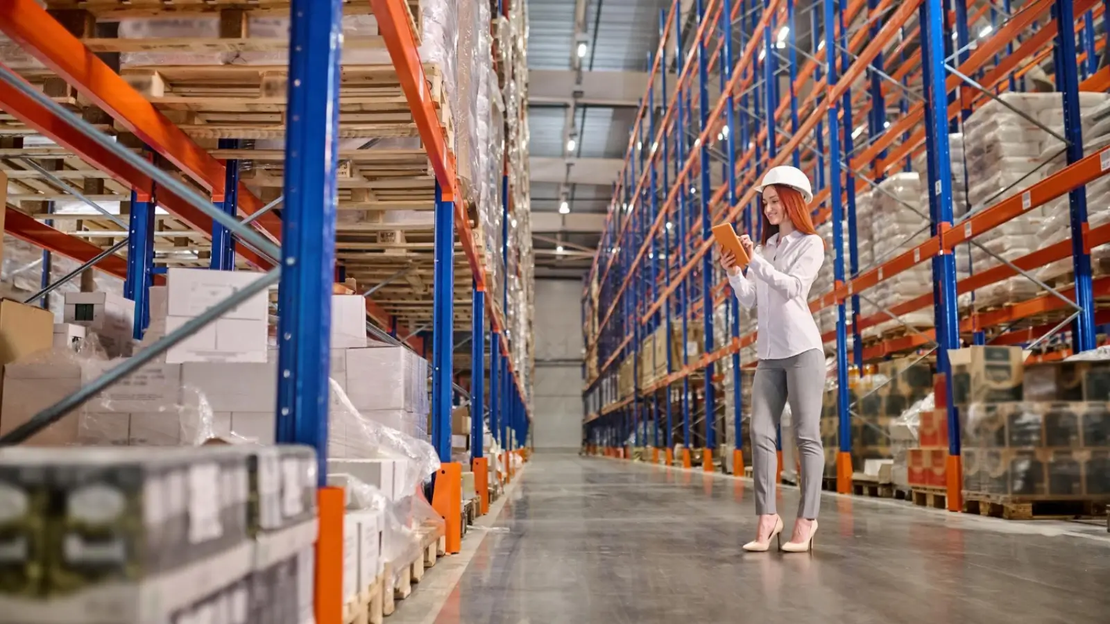 Adjustable industrial shelving system in a modern warehouse