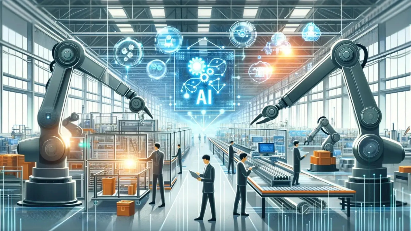 AI-powered smart factory with humanoid robots and automated overhead cranes in operation