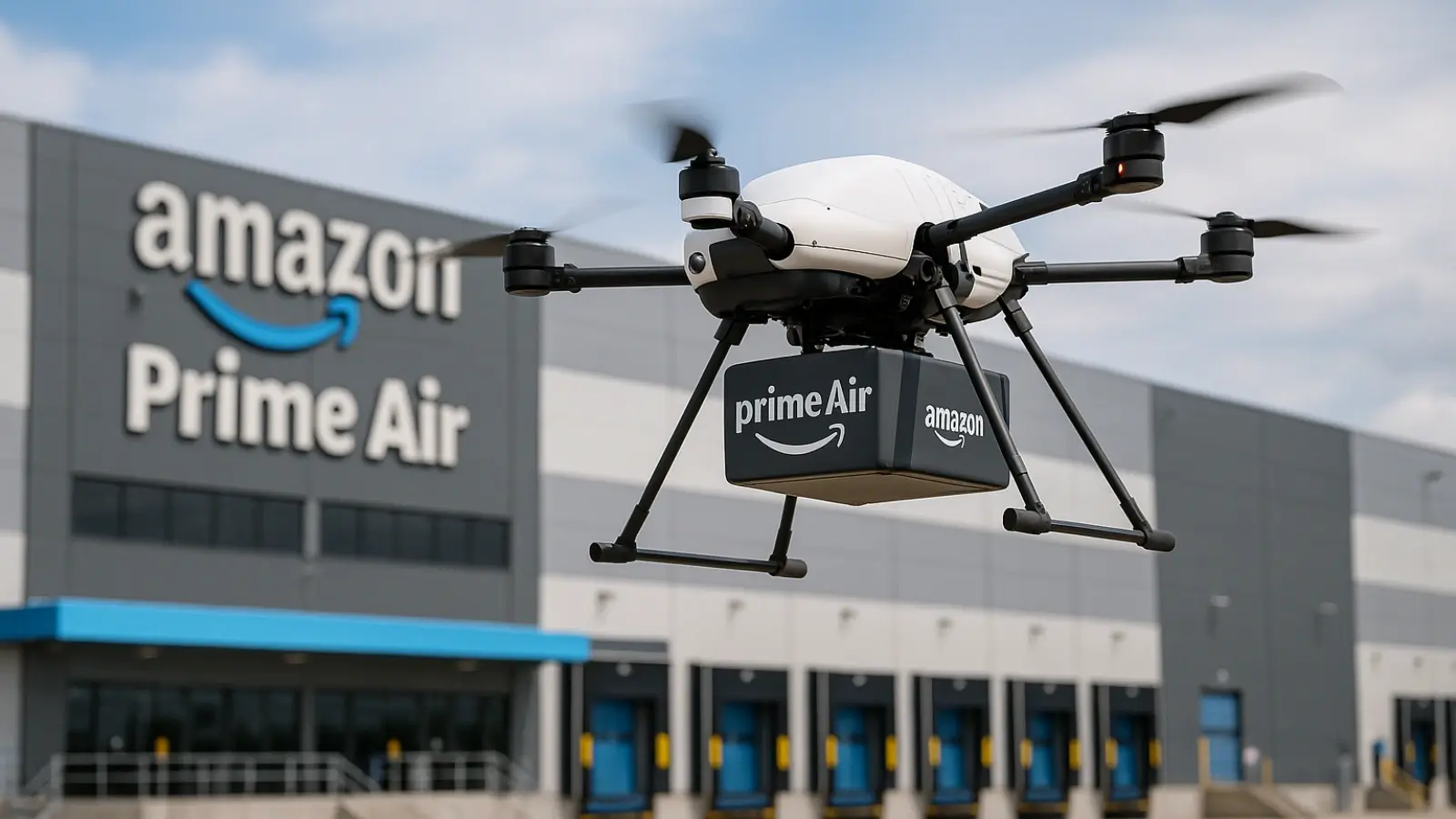 Amazon Prime Air drone flying from a logistics hub during a delivery test in 2025