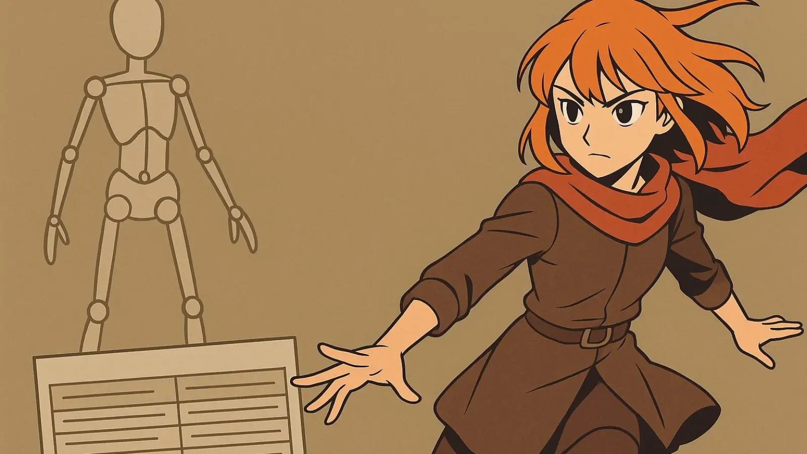 Artist sketching dynamic anime-style character pose using digital tools