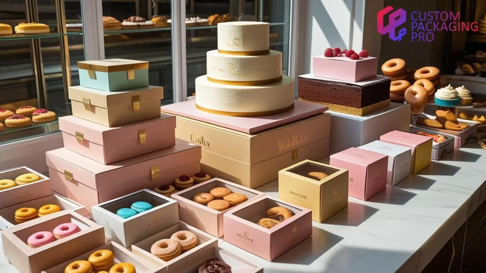 Assorted custom bakery boxes with cupcakes and pastries on a countertop