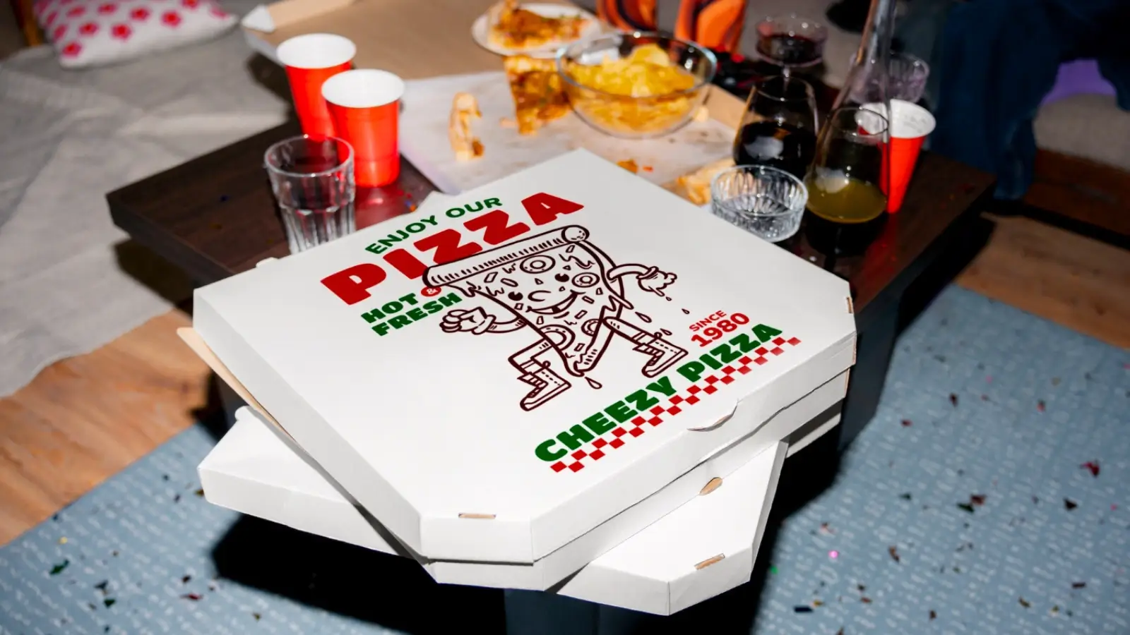 Branded pizza slice boxes showcasing logo and printed design for food delivery and takeaway