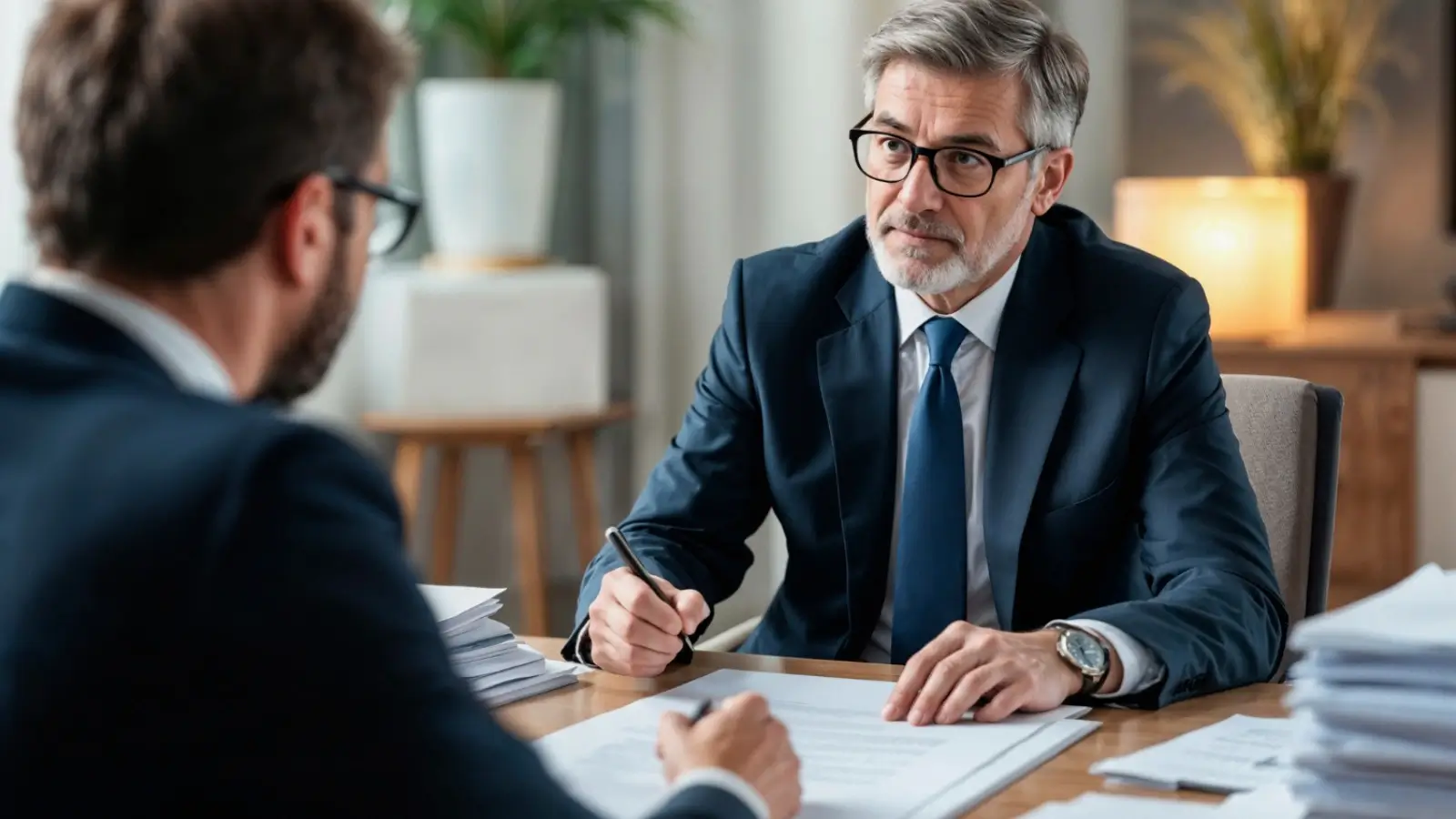 Business litigation attorney advising client in a Tuscaloosa office