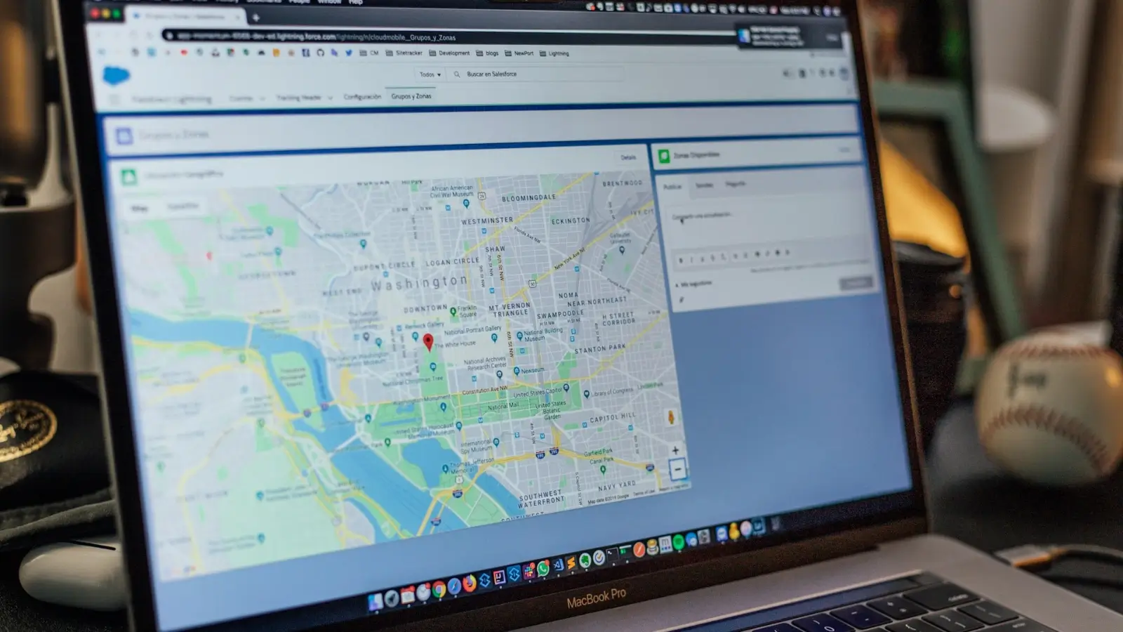 Business owner analyzing address data on a digital map with geolocation tools