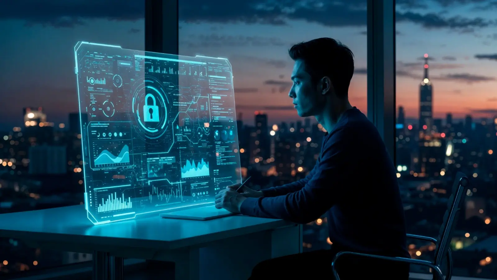 Business professional conducting a generative AI risk assessment on a digital dashboard