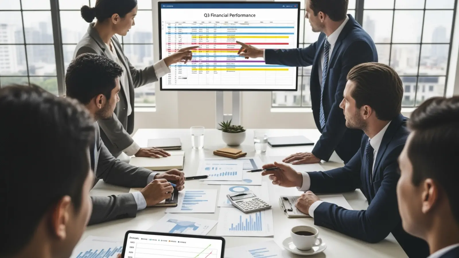 Business team reviewing financial strategy documents and performance KPIs in a meeting room