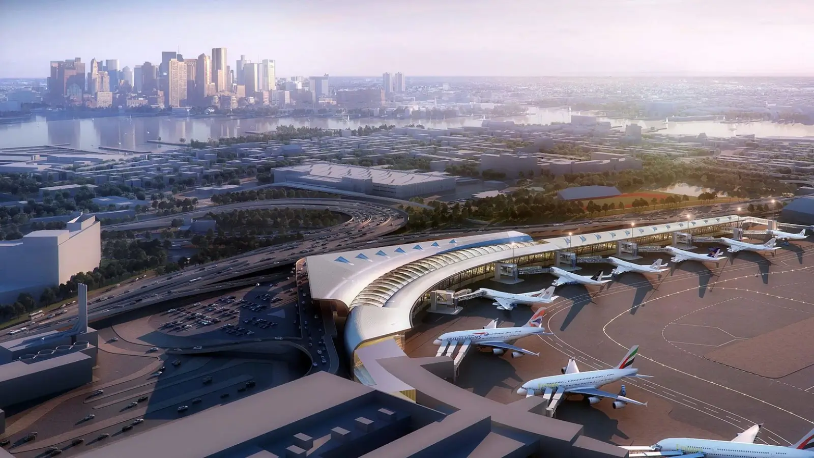 Chauffeured black car waiting at Logan Airport’s redesigned Terminal E curbside