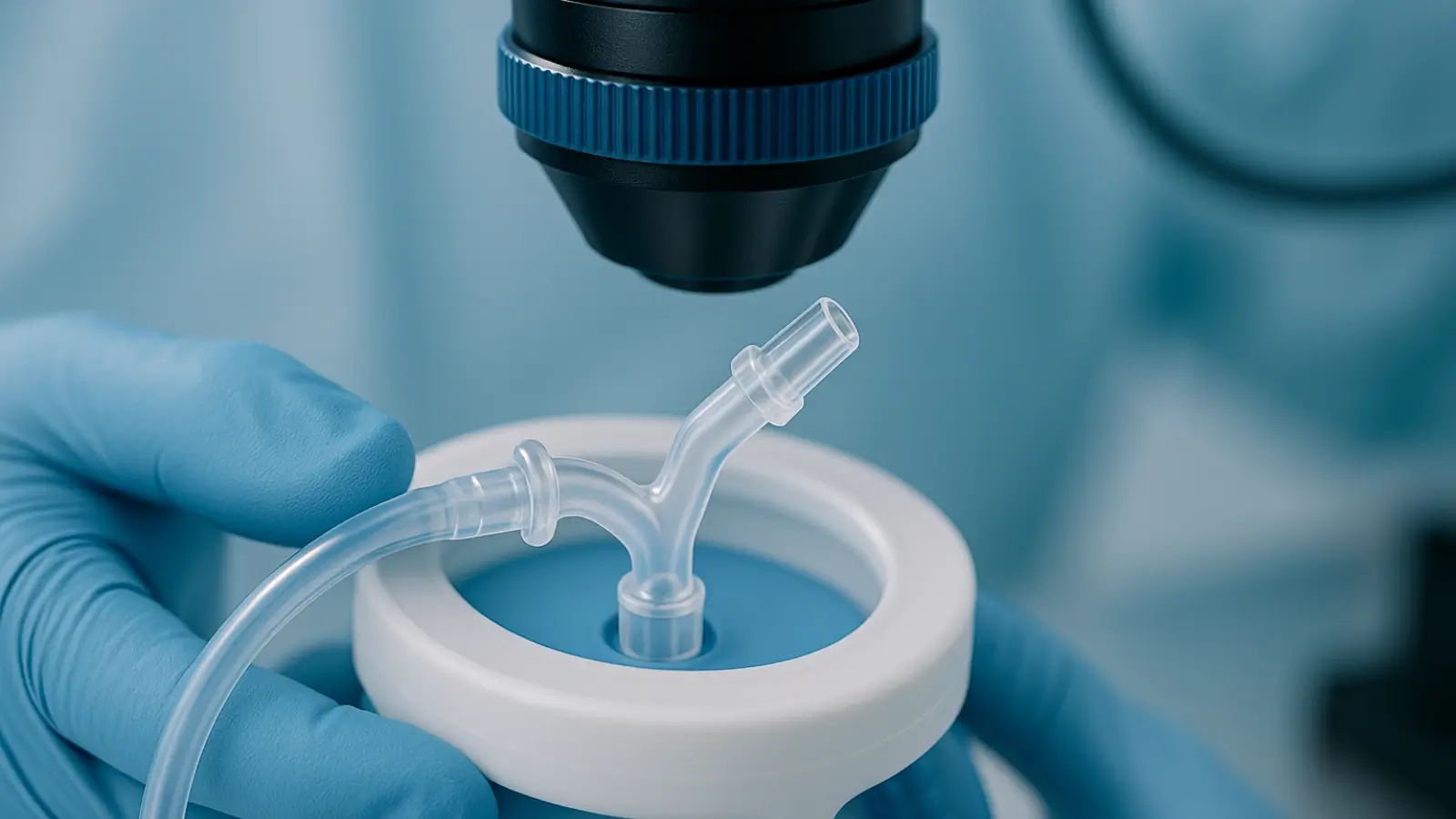 Close-up of medical device under high-magnification inspection in a cleanroom environment