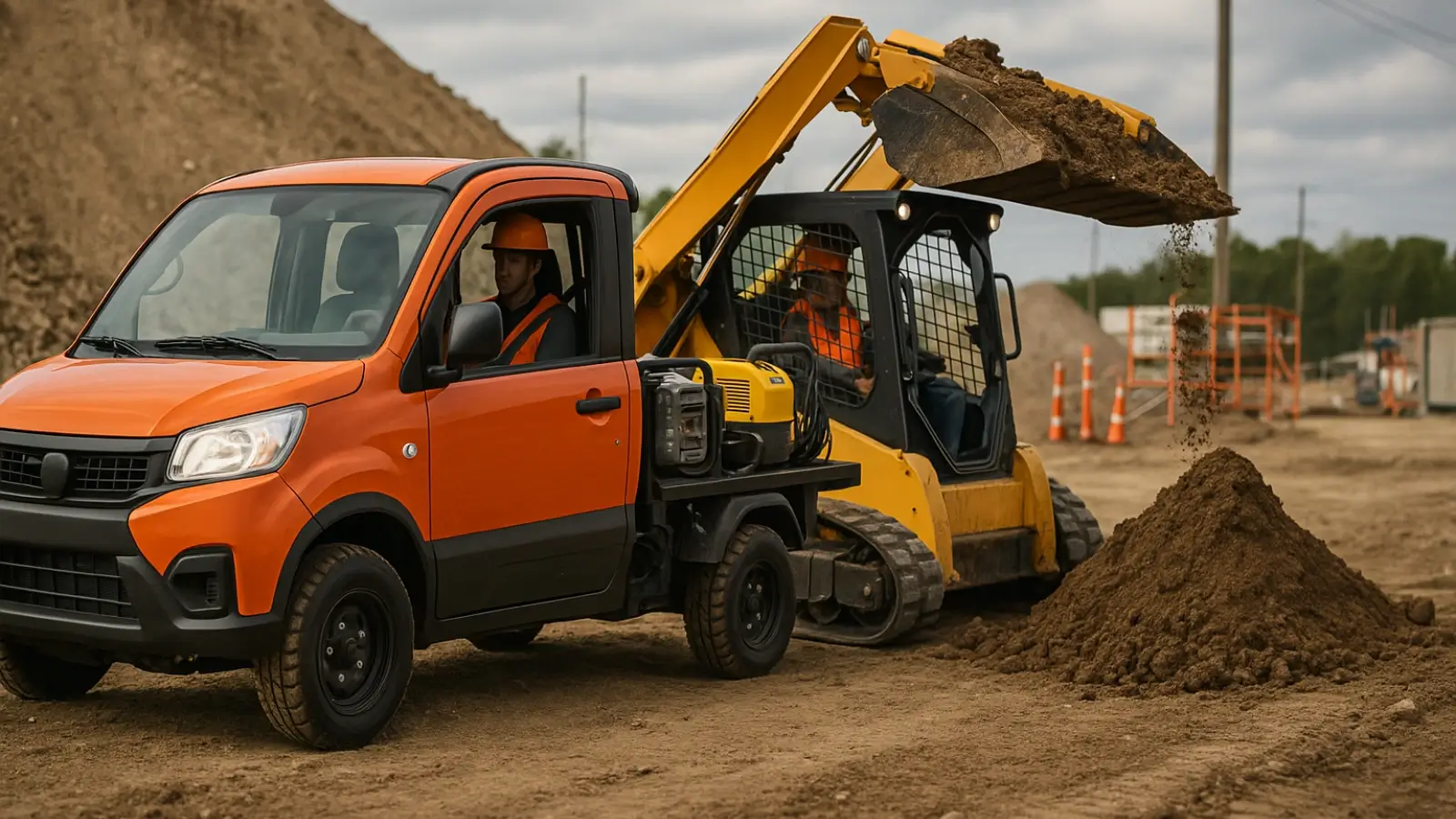Compact utility vehicle and equipment in use at a job site for efficient operations