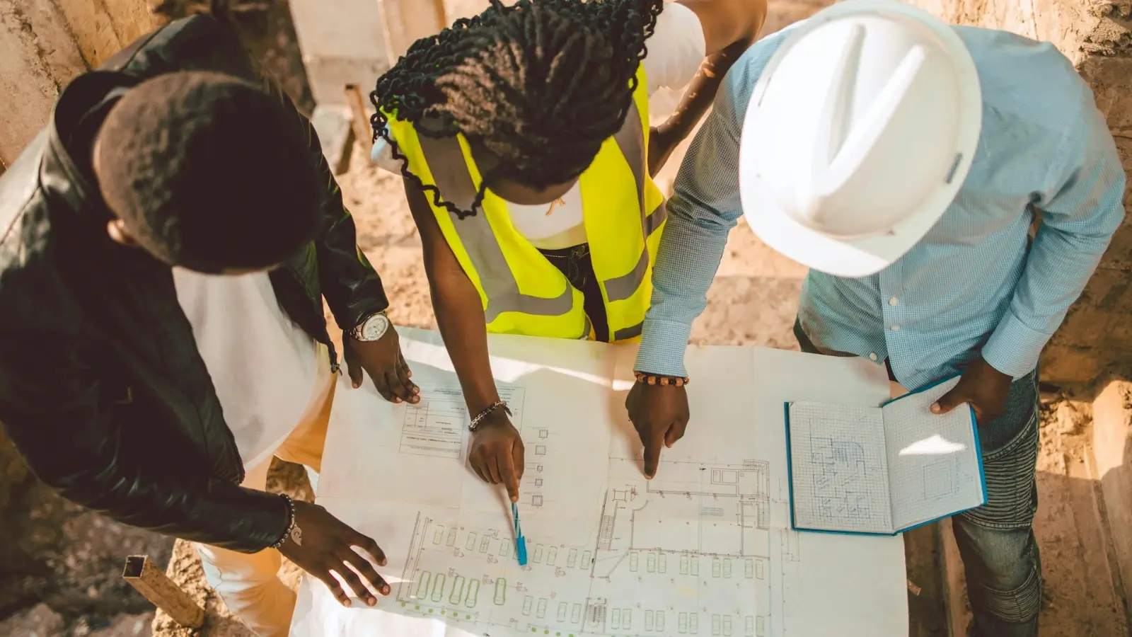 Contractor reviewing construction blueprints and performing material takeoff calculations