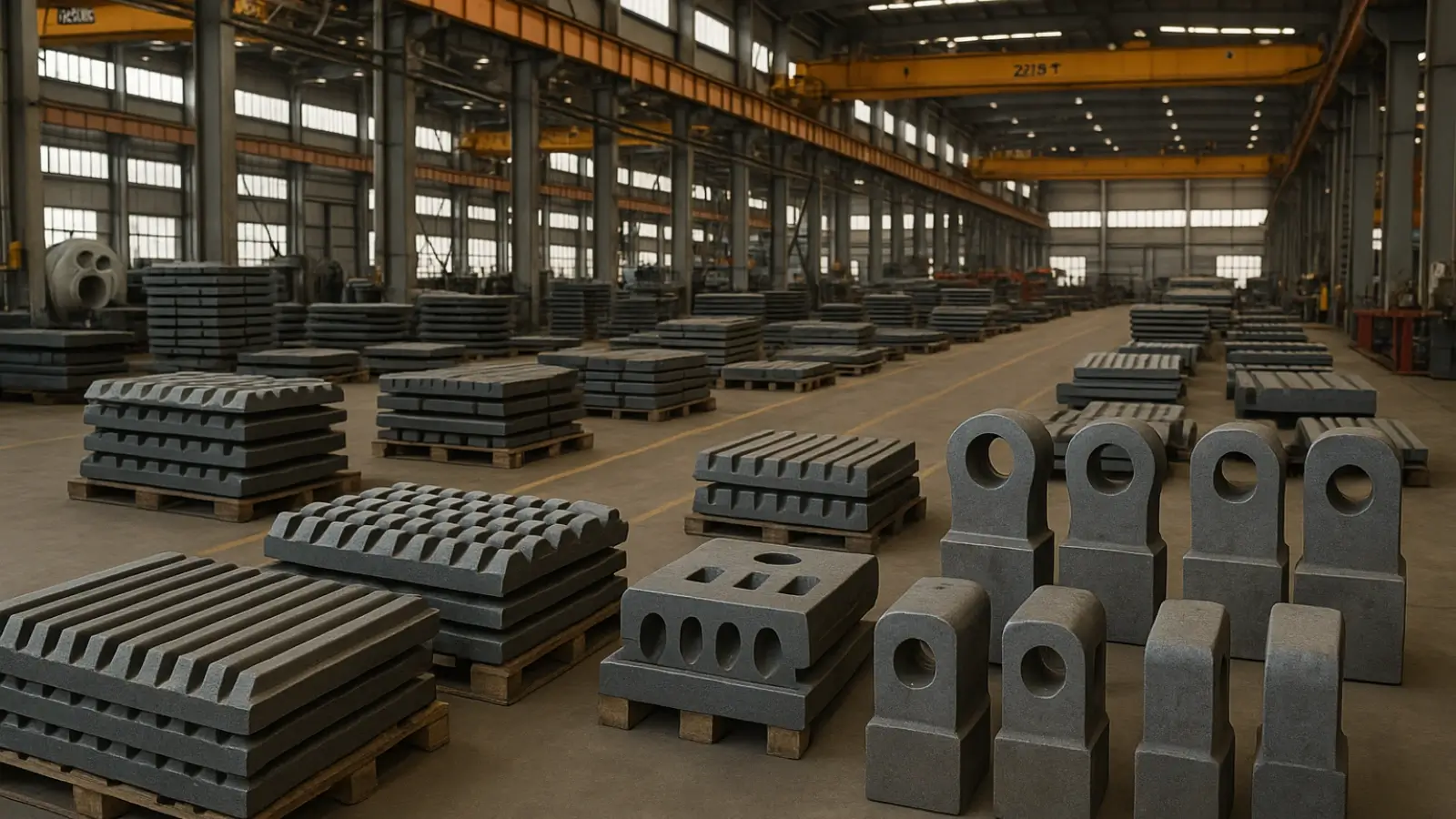 Crusher wear parts like jaw plates and hammers displayed at a heavy equipment manufacturing plant