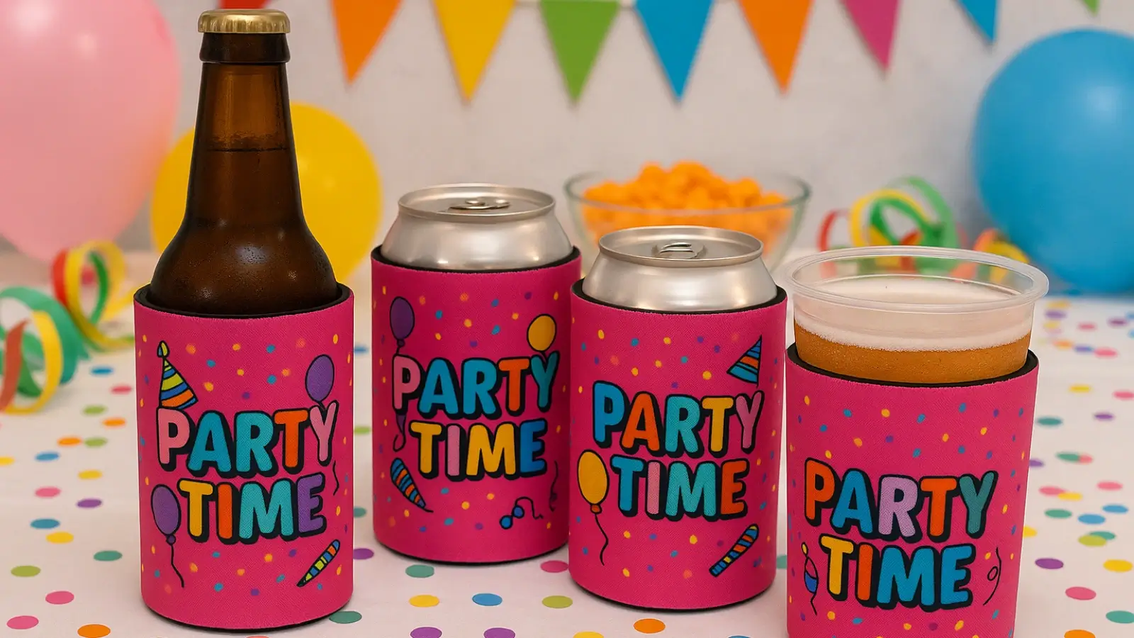 Custom neoprene stubby holders on a party table with drinks and decorations