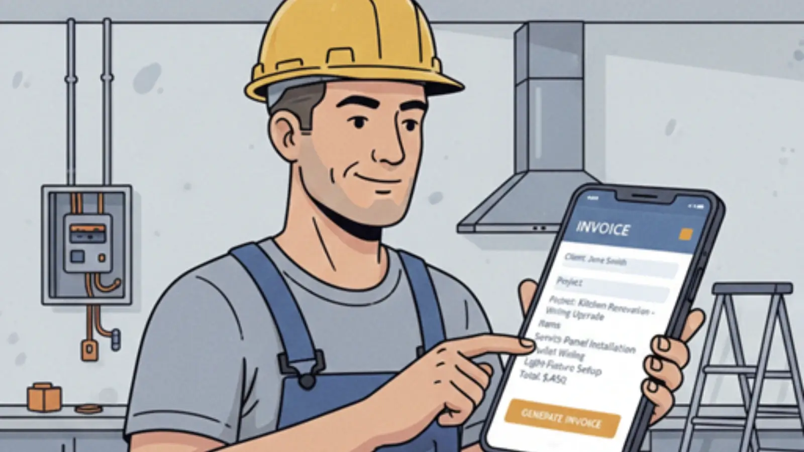 Electrical contractor using digital software on tablet at job site