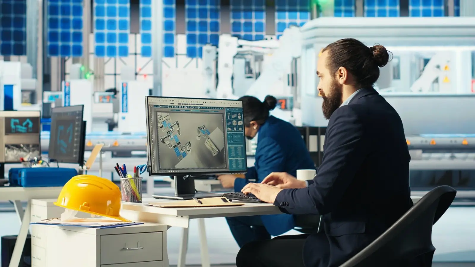 Engineer using simulation software to test industrial system performance on a computer