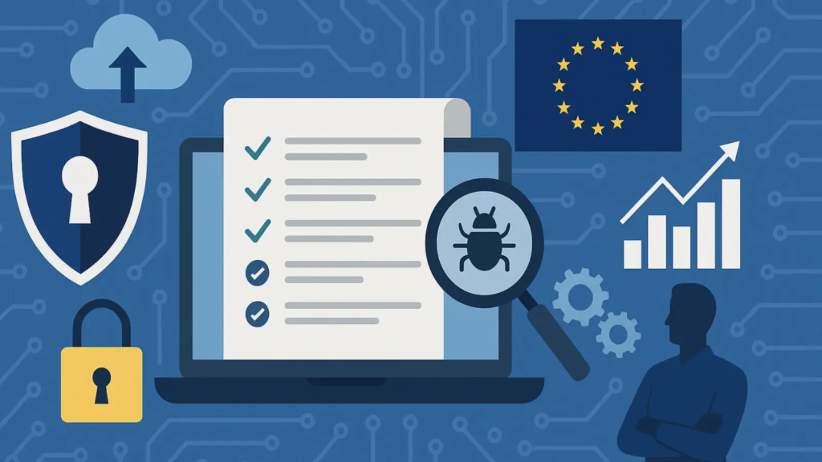 European business leader reviewing cybersecurity compliance and regulatory mandates for 2026