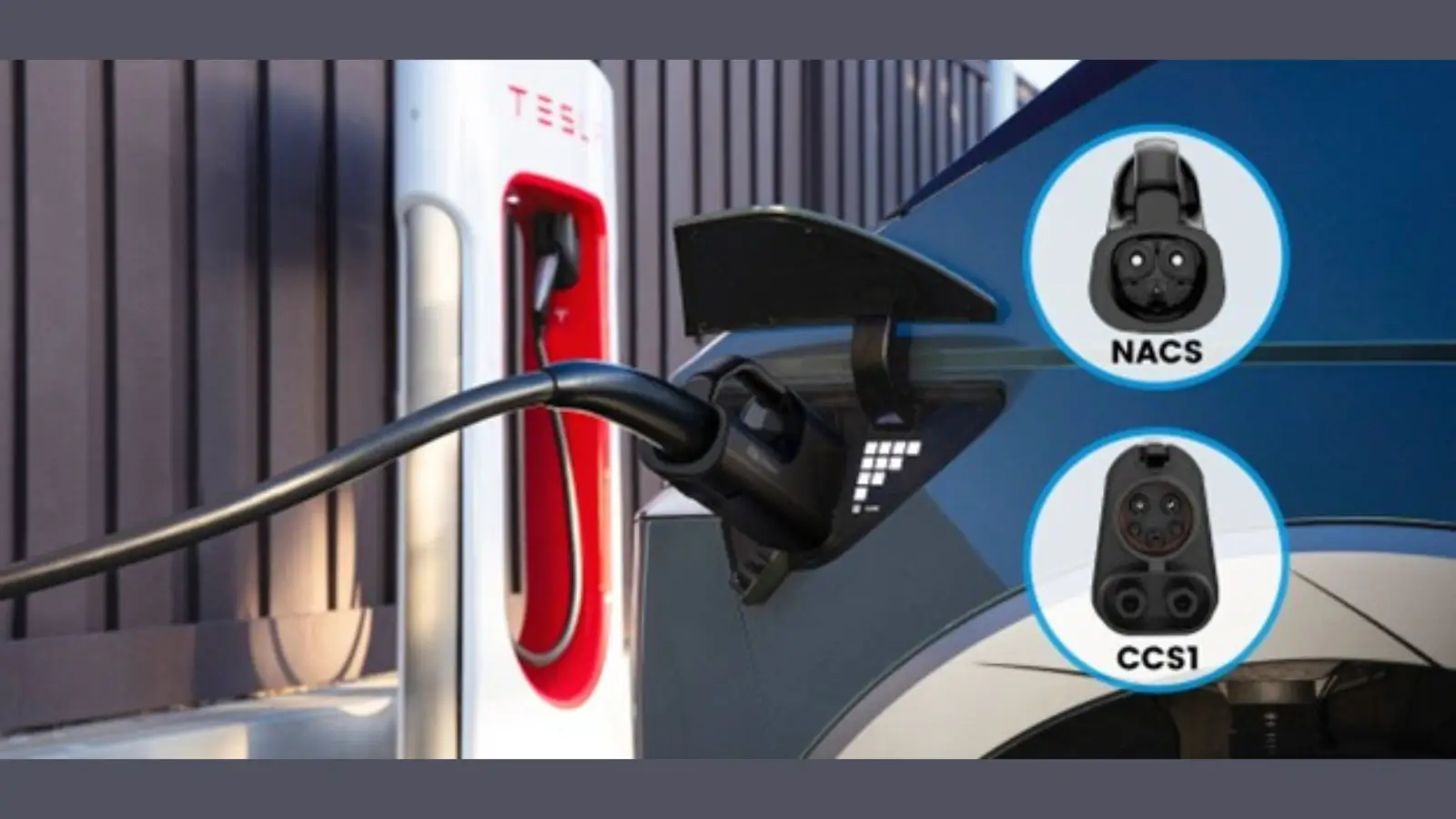 EVDANCE Pulse Fusion Adapter connecting a CCS1 electric vehicle to a Tesla Supercharger