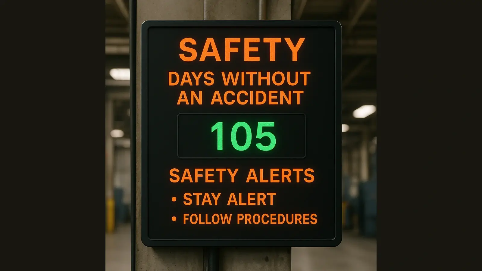 Factory digital safety display showing accident-free days and safety alerts