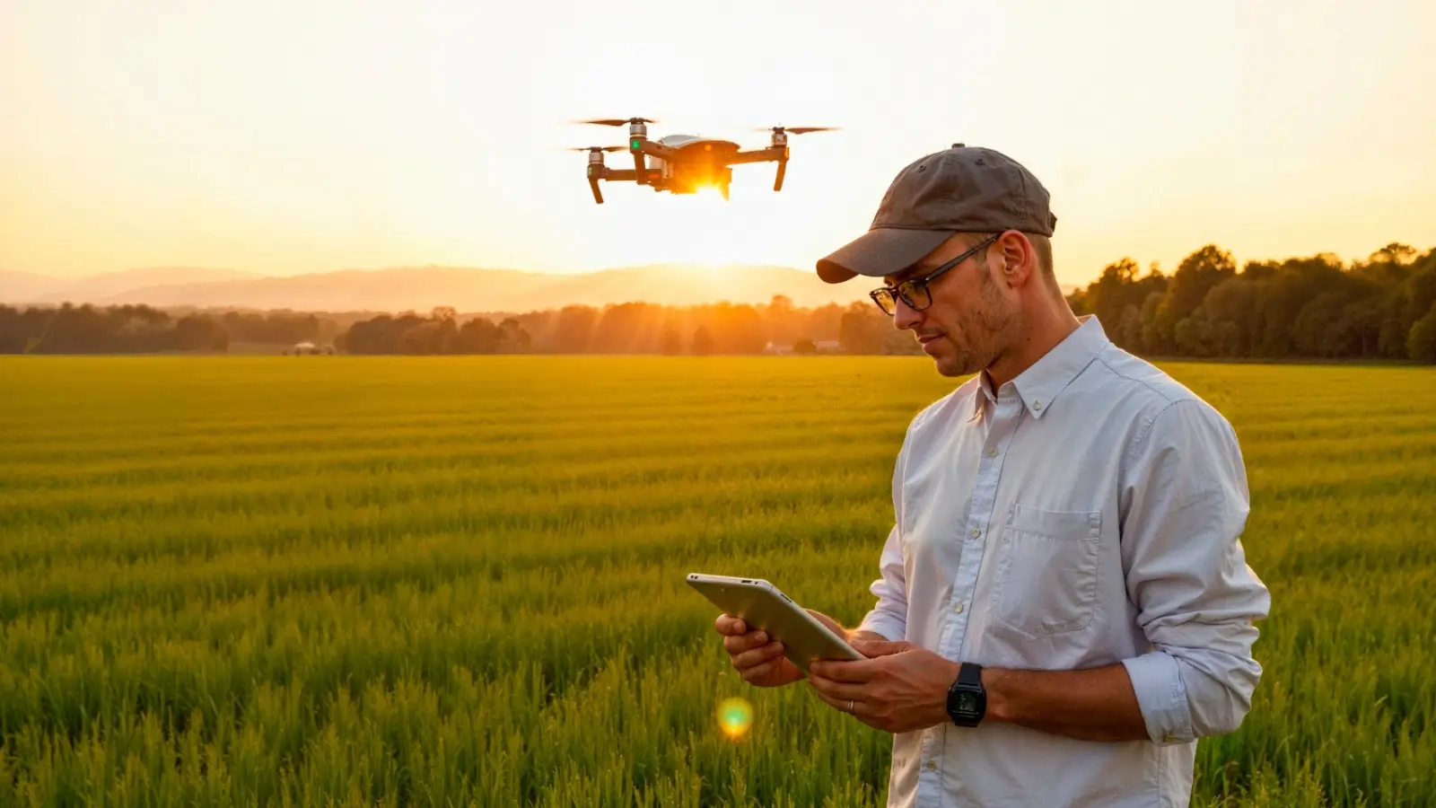 Farmer using digital tools and drones in a field for climate-smart agriculture