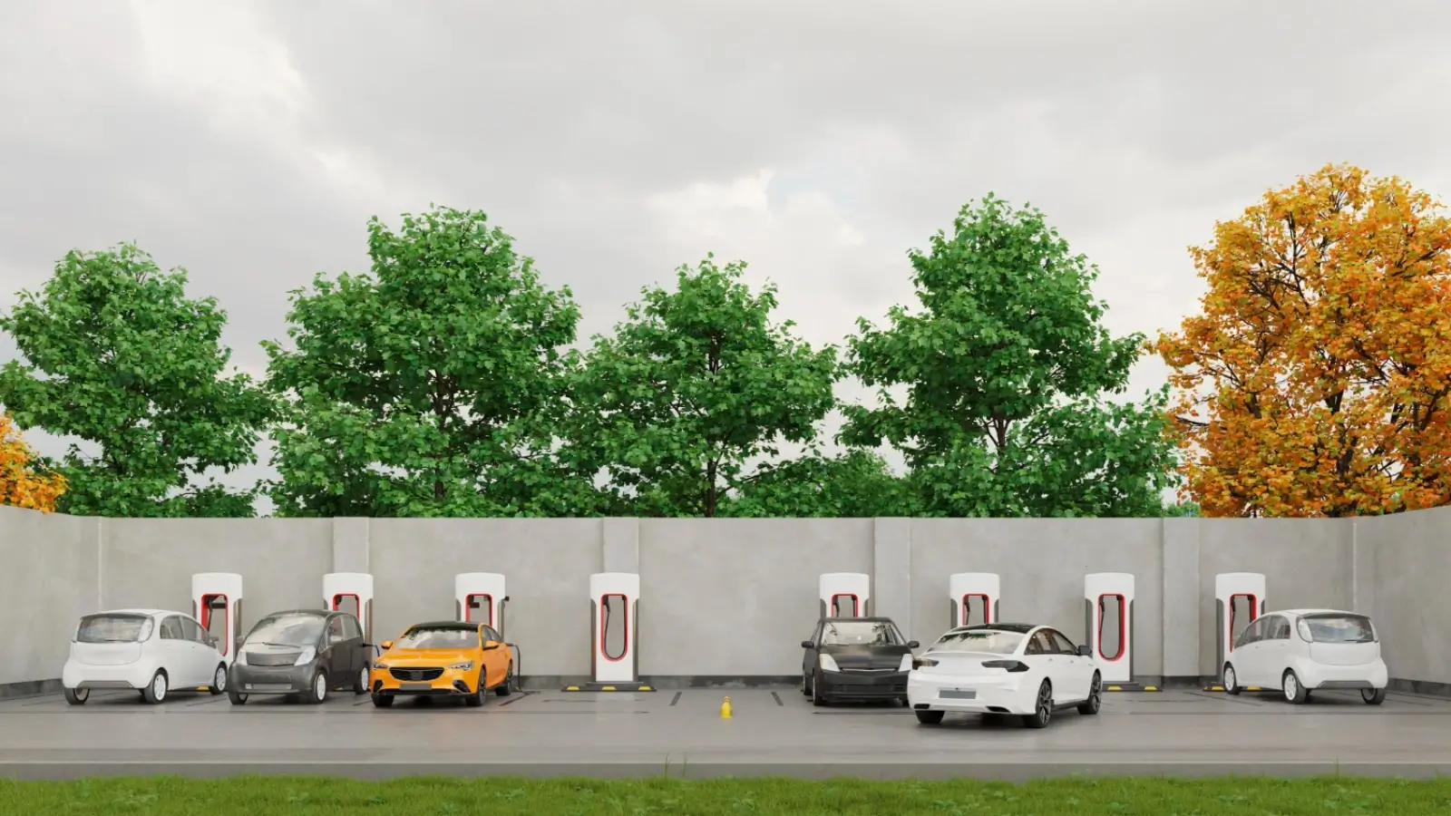 Fleet of electric vehicles charging at a smart EV hub with digital monitoring system
