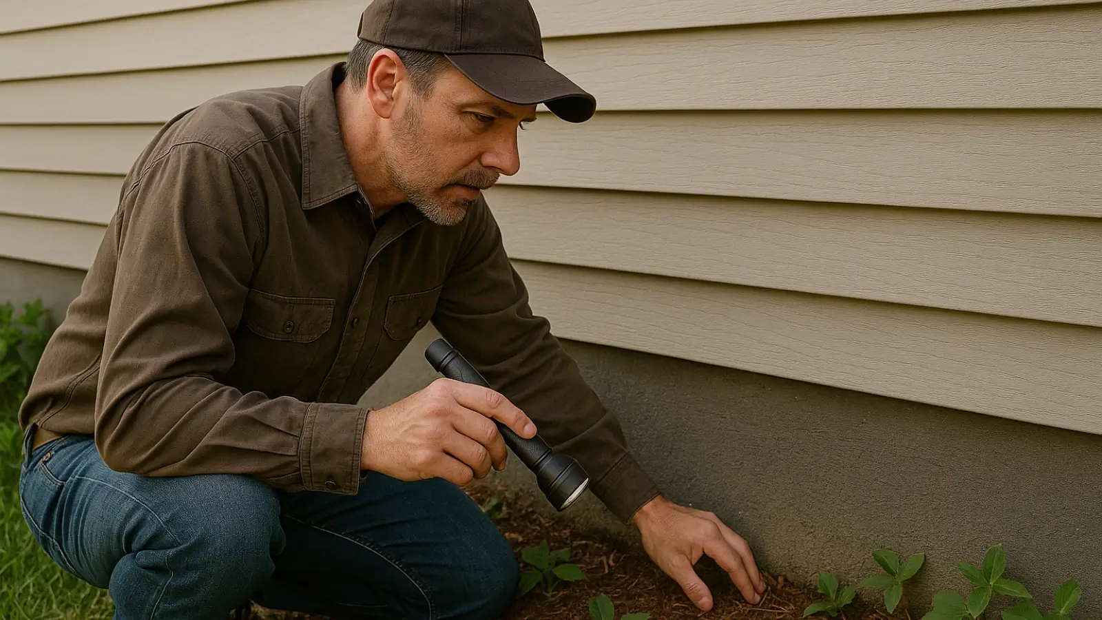 Homeowner inspecting exterior foundation for pest entry points in Issaquah