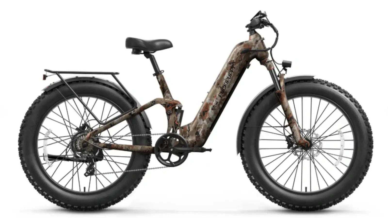 Hunter riding an electric hunting bike through rugged forest terrain