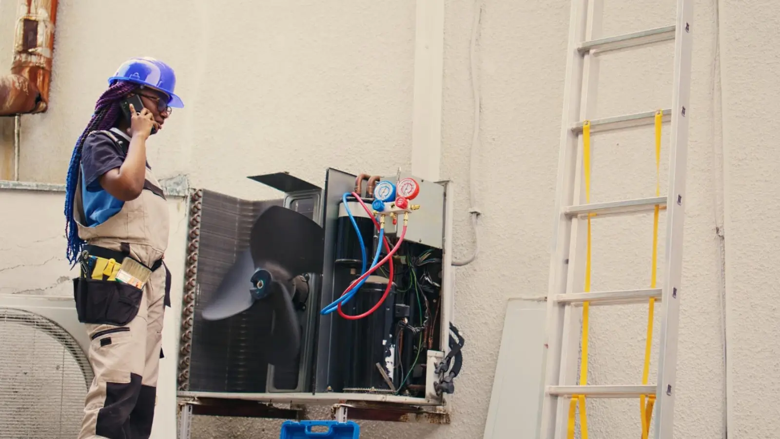 HVAC technician performing furnace repair on a residential heating unit during winter