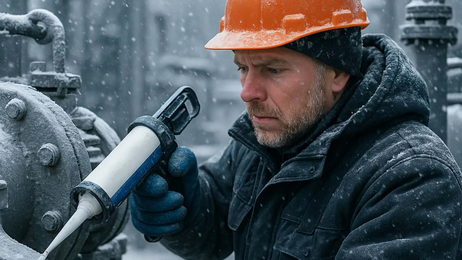 Industrial technician applying cold-temperature adhesive to machinery in freezing conditions