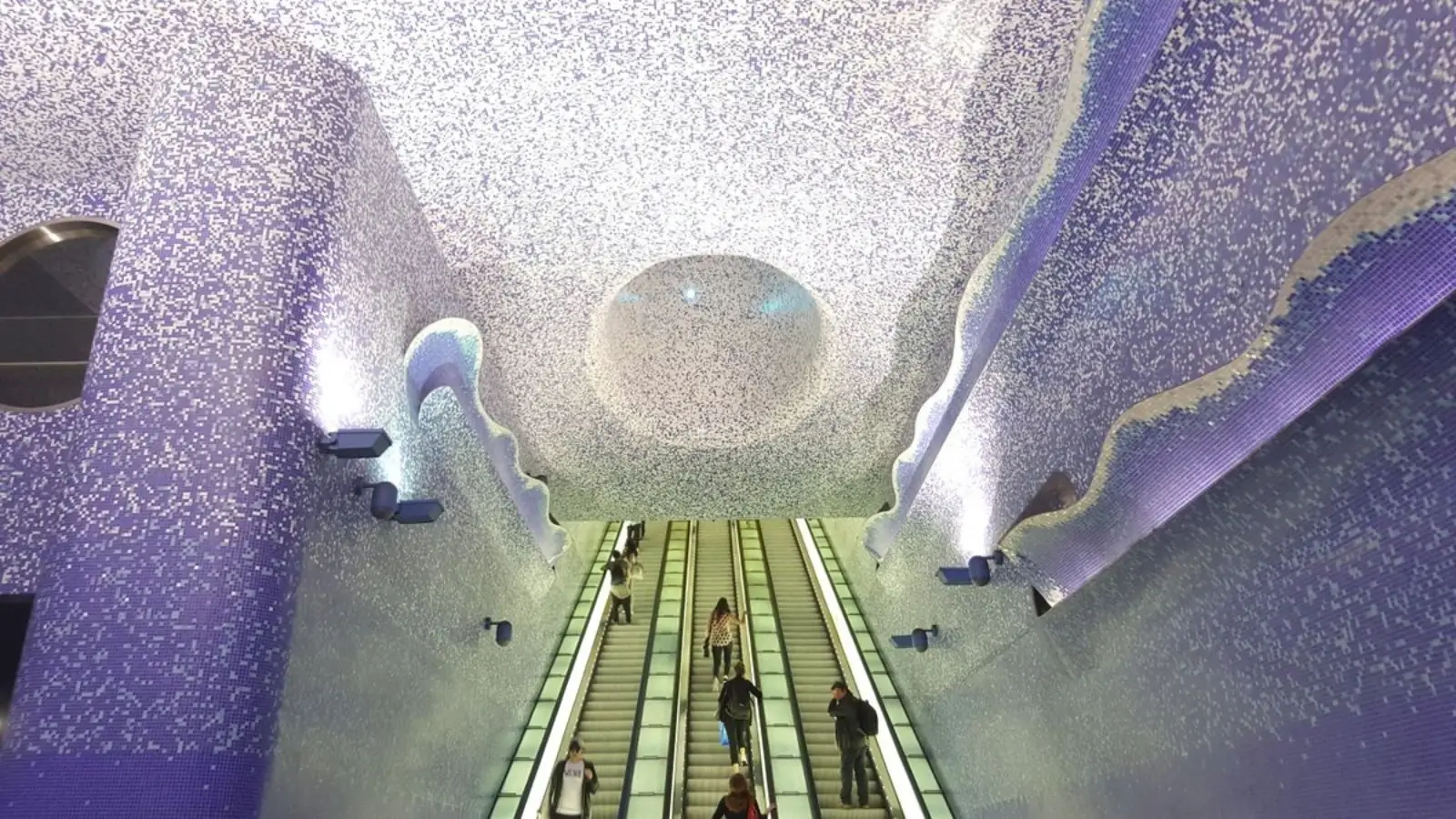 Interior view of Toledo Station in Naples, Italy with blue mosaic ceiling