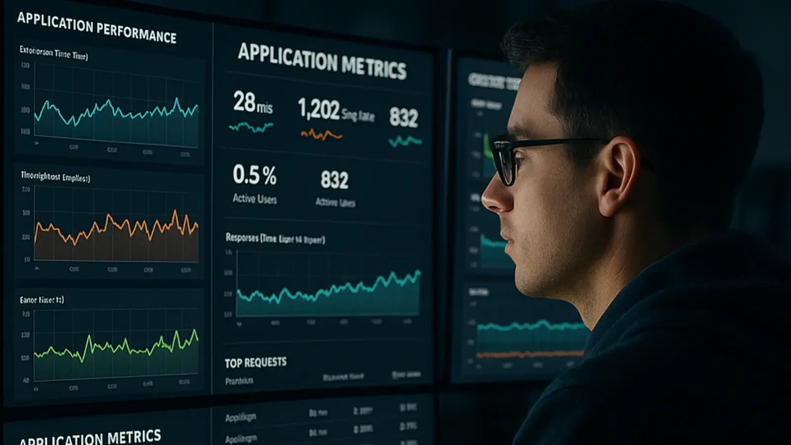 IT professional monitoring real-time application performance metrics on multiple screens