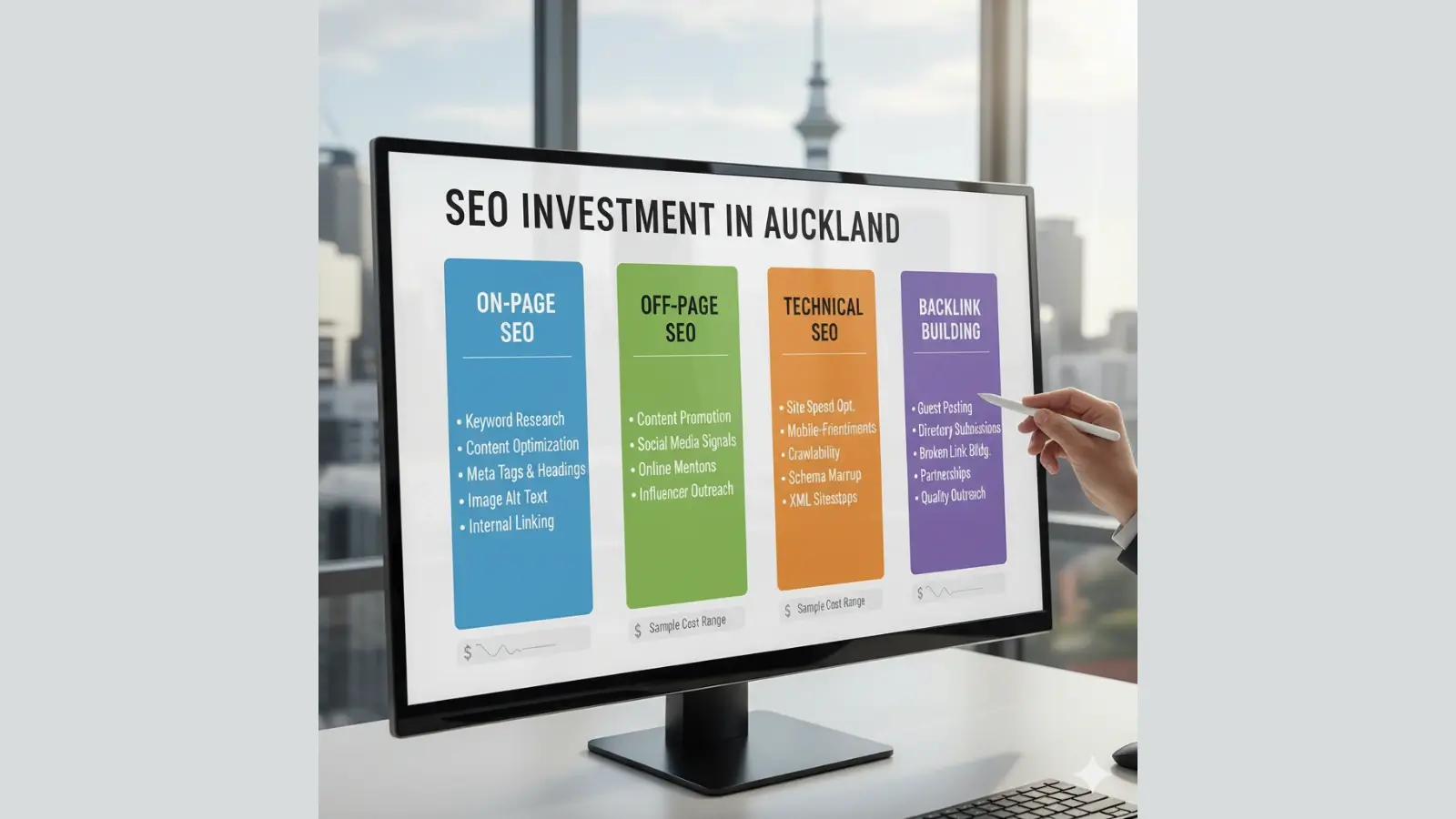 Local business owner reviewing SEO Auckland strategy and pricing options on a laptop