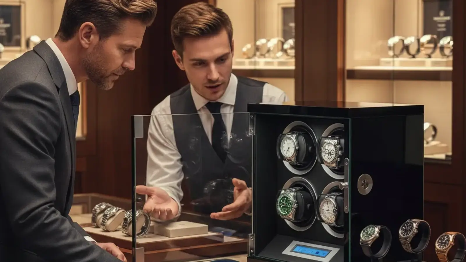 Luxury automatic watches in a high-end multi-slot watch winder display case