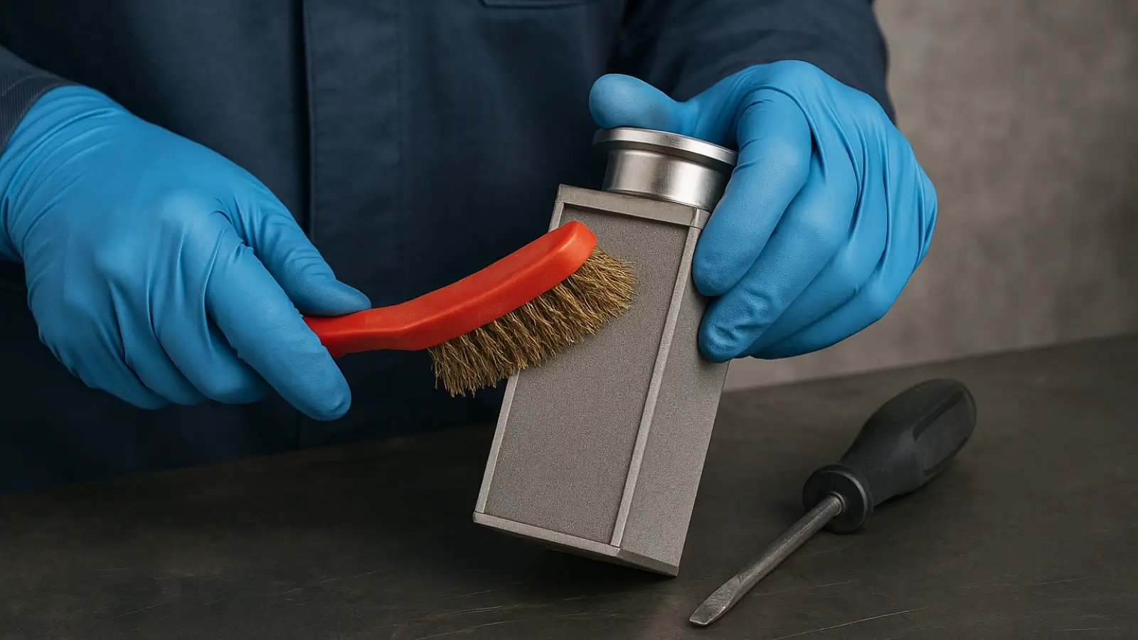 Technician cleaning a sintered stainless steel filter with tools and safety gloves