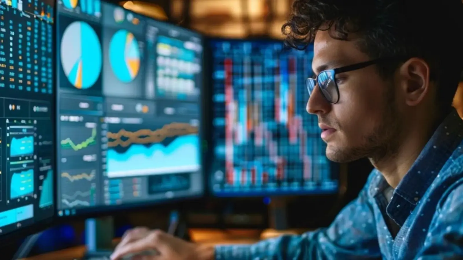 Marketer analyzing SEO AI tool dashboard on laptop for keyword and traffic insights