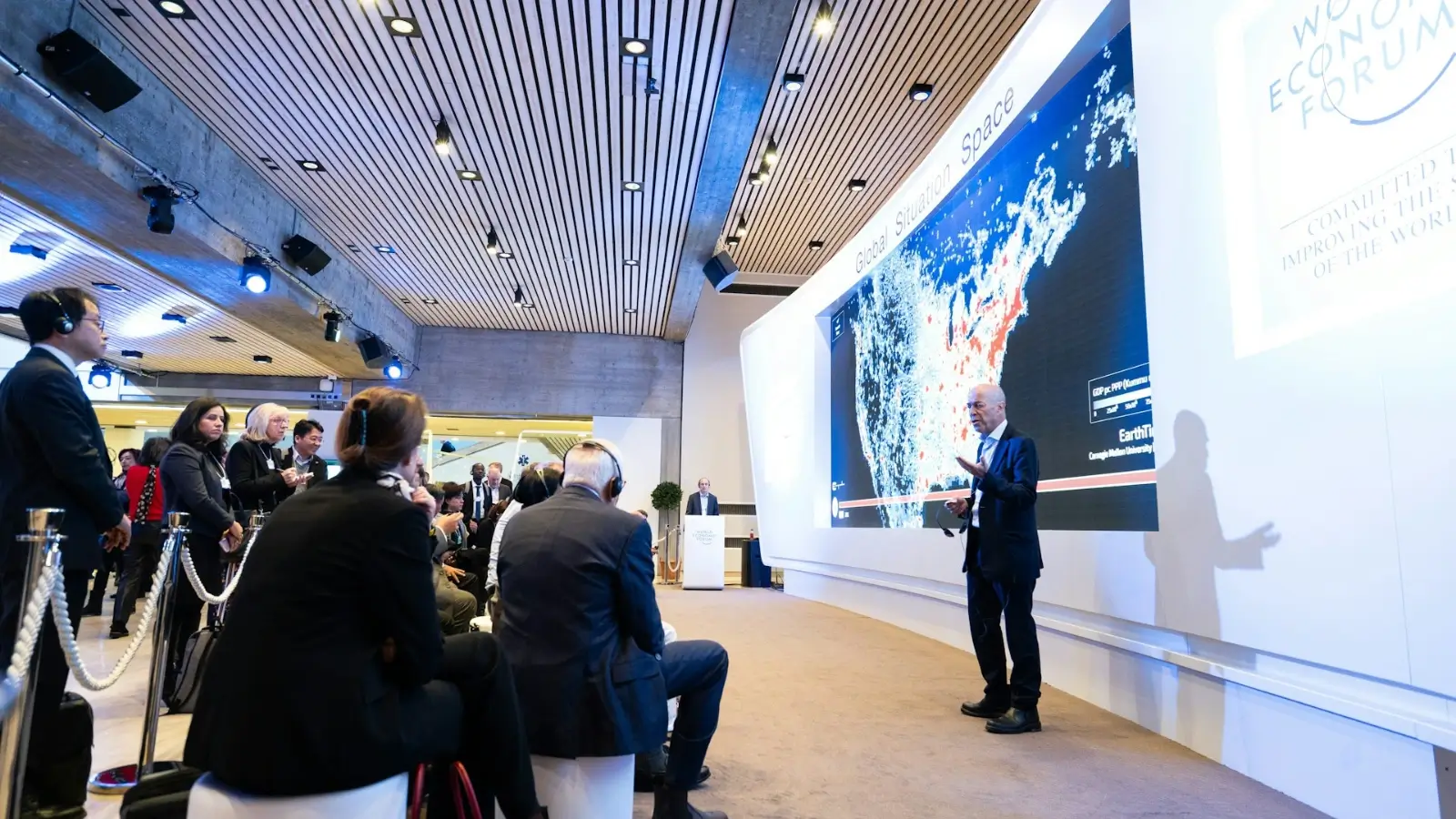 Modern corporate event with immersive tech, wellness areas, and interactive group sessions