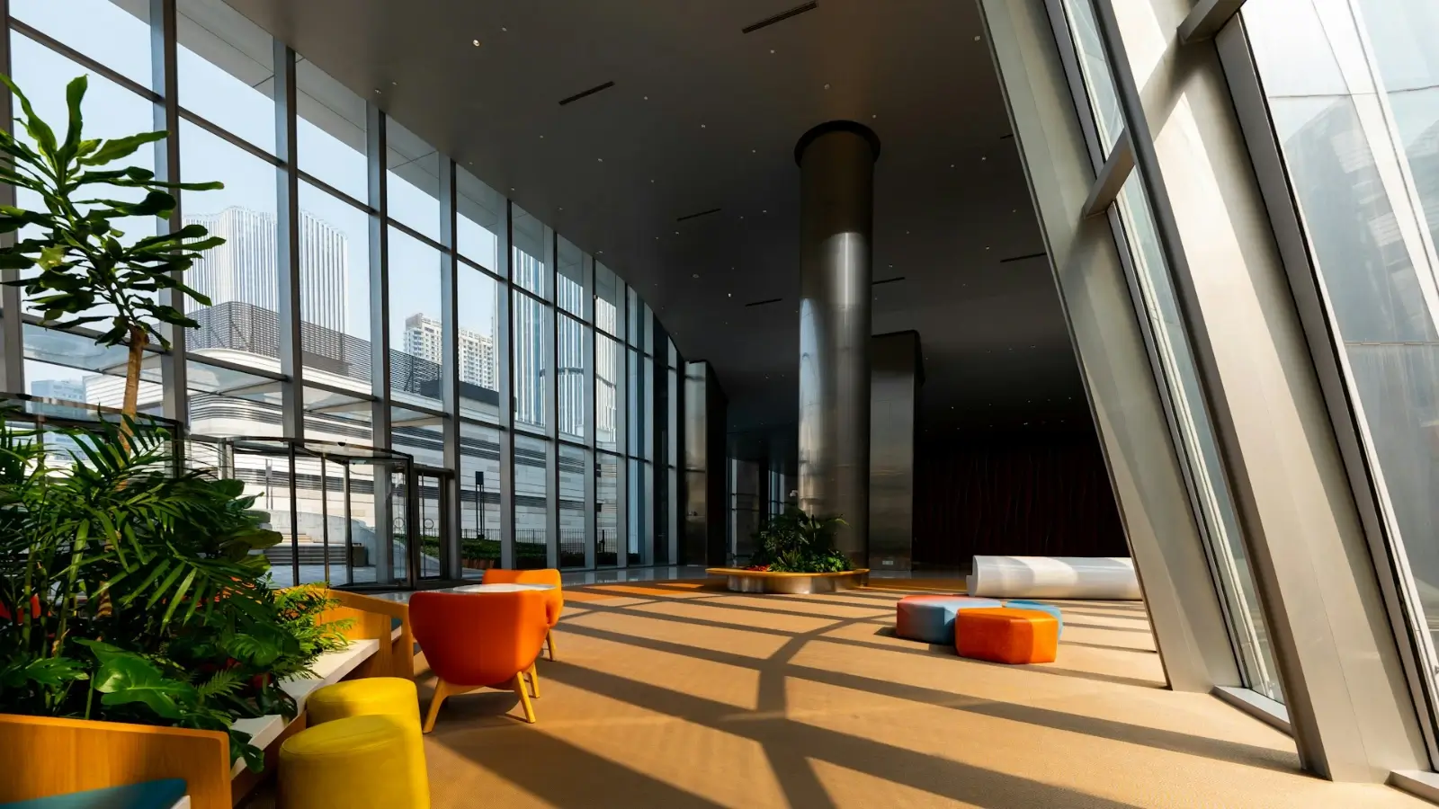 Modern corporate office building with hybrid workspaces and smart technology integration