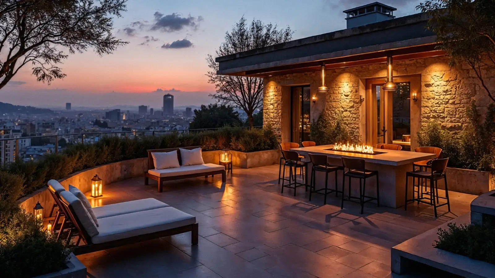 Modern custom backyard deck with seating area and built-in lighting
