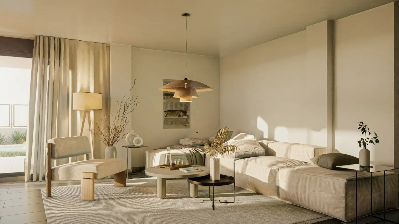 Modern living room featuring a luxury sectional sofa with plush cushions and elegant fabric