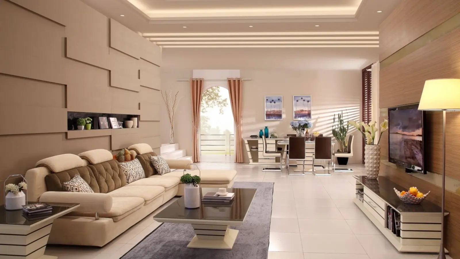 Modern living room with renovated interior, stylish furniture, and bright natural lighting