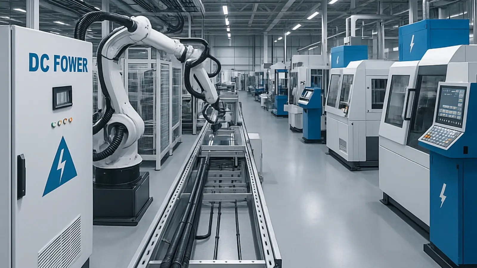 Modern manufacturing facility with advanced DC power infrastructure